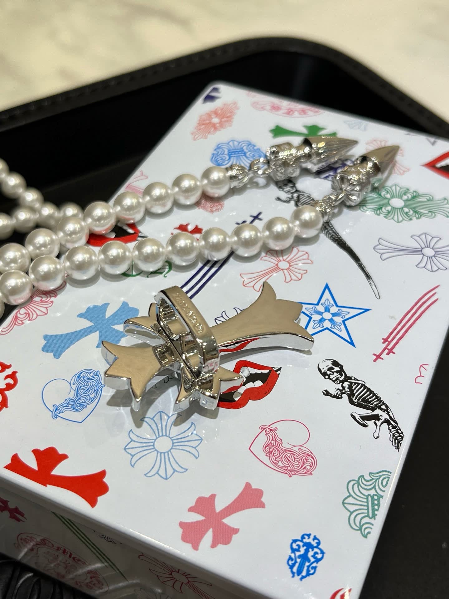 Chrome Hearts Black Velvet Corset with Pearl Necklace